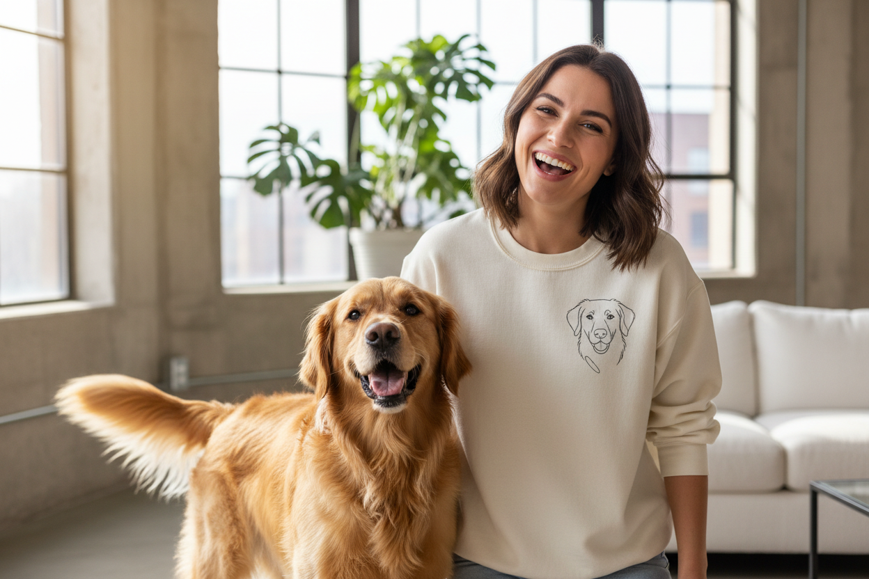 Imagem do cão na sweat quero num estilo minimalista e linha fina no canto superior esquerdo da sweat 